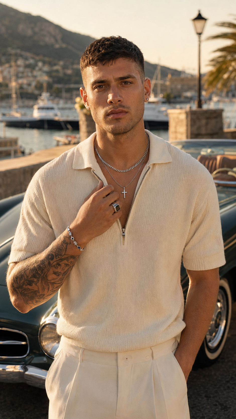 Vesper Collective — man wearing waterproof silver jewellery, Mediterranean harbour