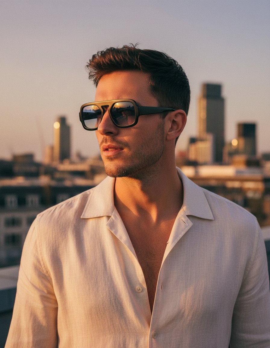 Man in double-bridge sunglasses on a city rooftop