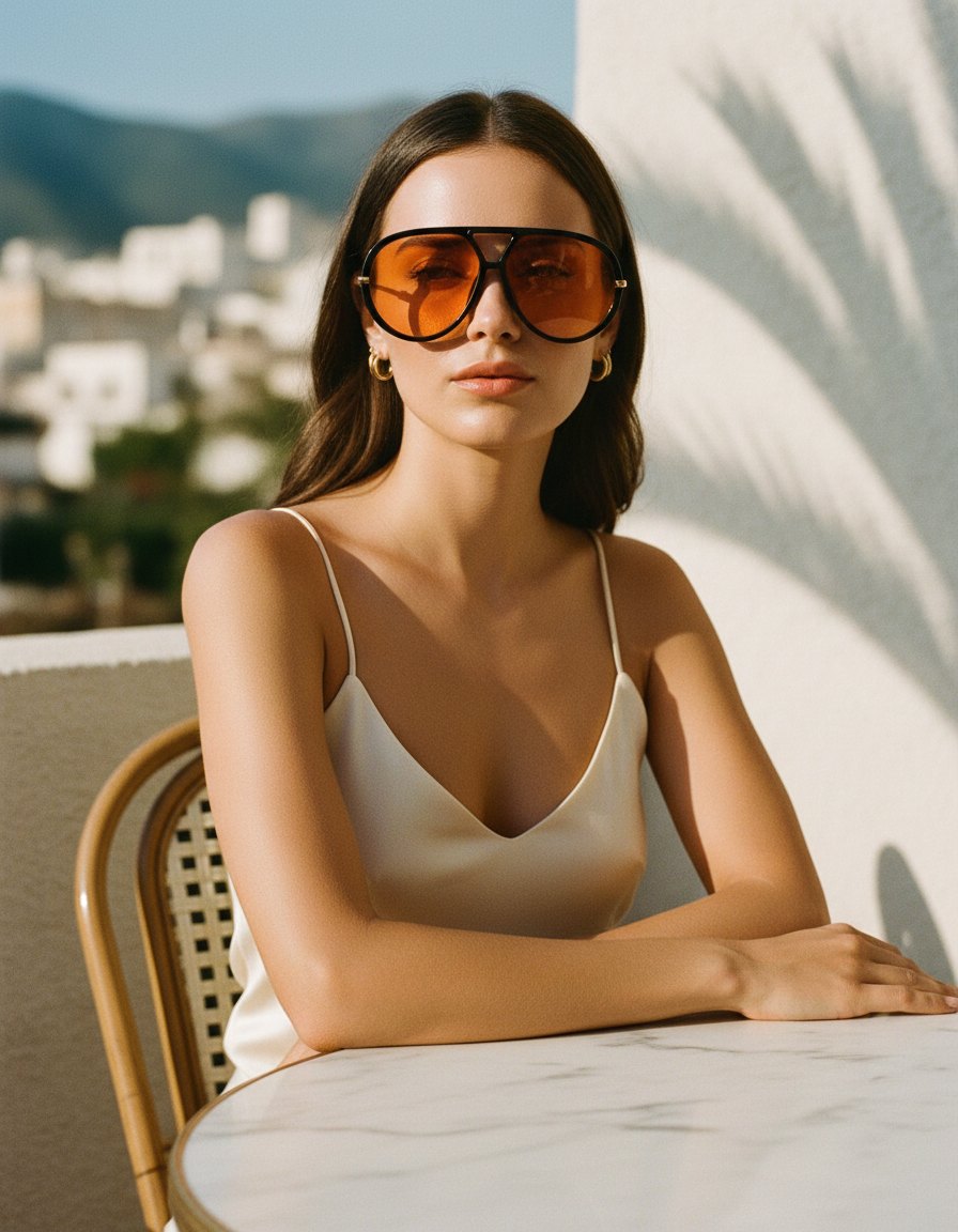 Woman in aviator sunglasses on a Mediterranean terrace