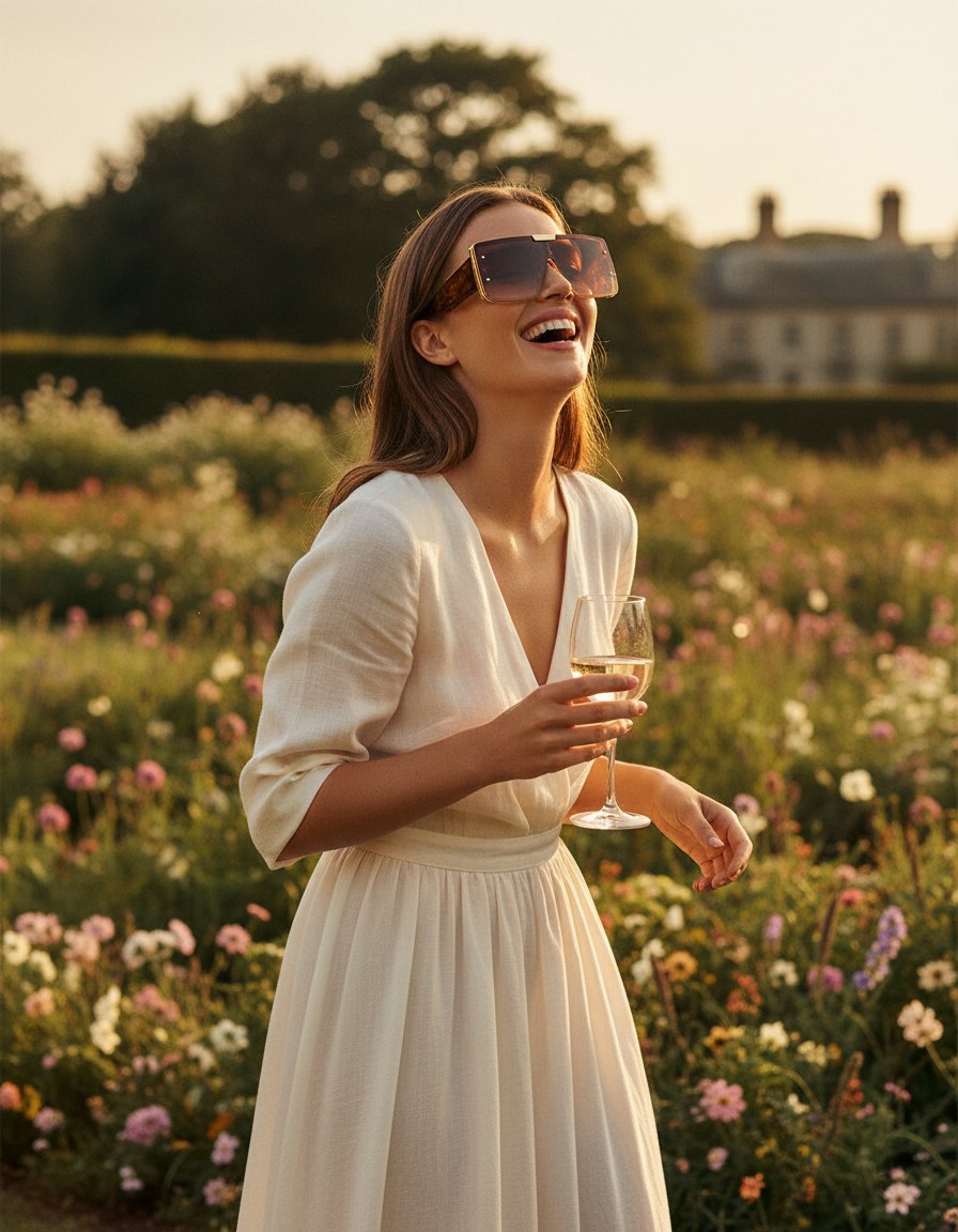 Woman in oversized sunglasses at a garden party